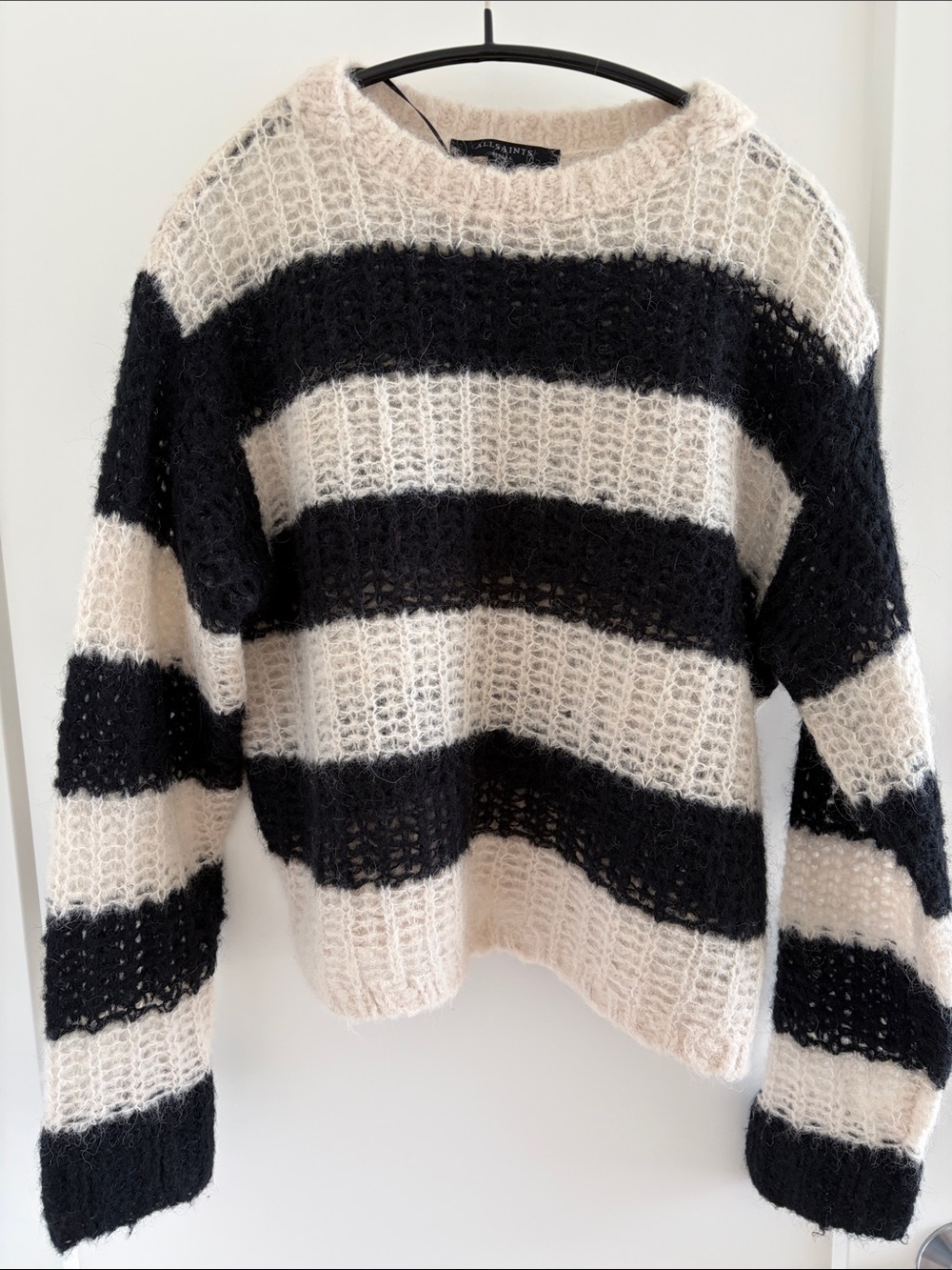 All Saints Black & Cream Striped Open-Knit Crewneck Sweater